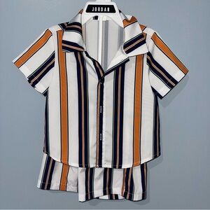 SHEIN Kids Striped Button Down Shirt - Orange, Navy, White
